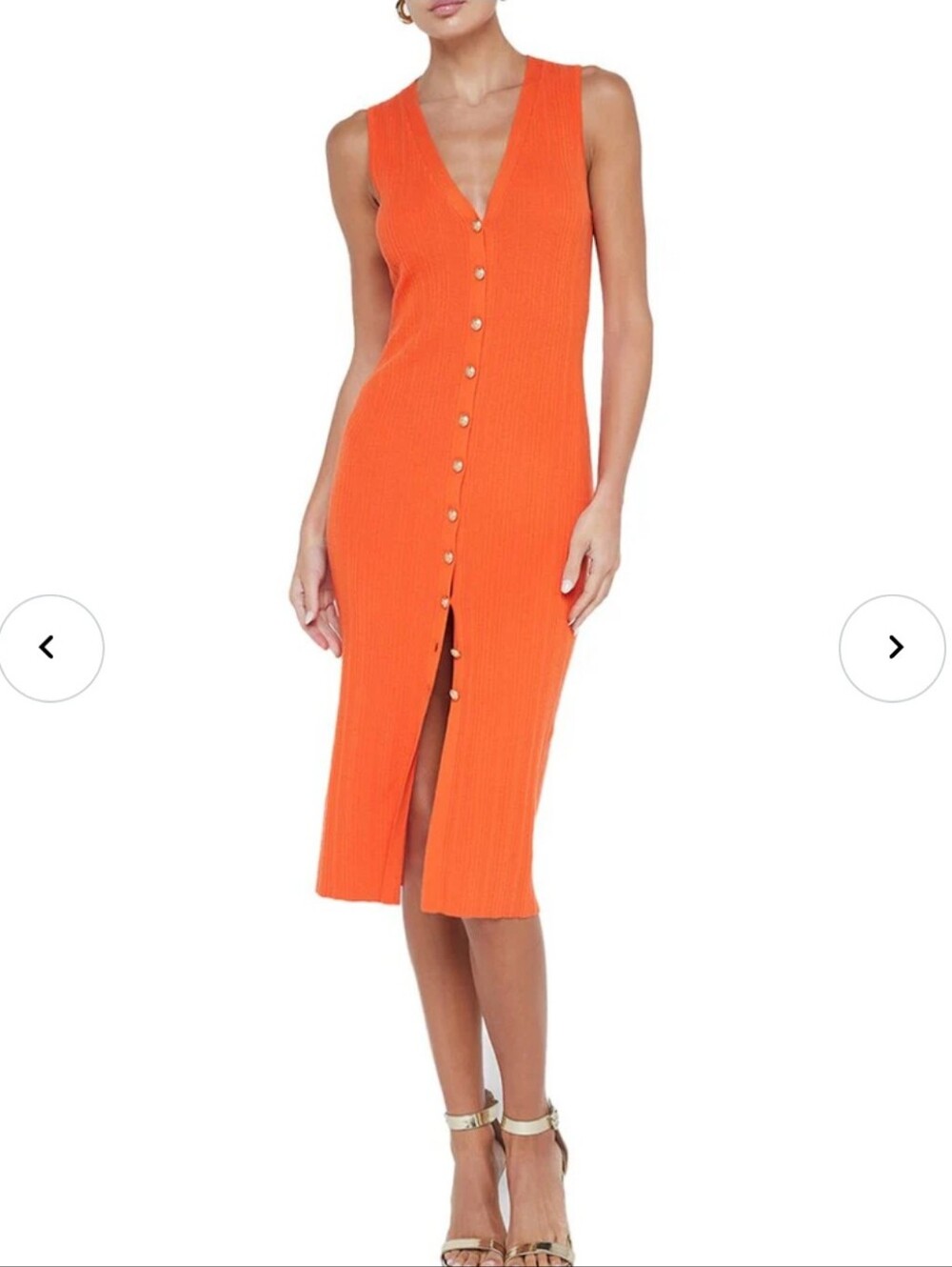 L'AGENCE Domino Orange Ribbed Button-Front Midi Dress